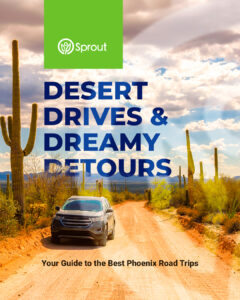 An SUV driving on a dirt road through a desert landscape with tall saguaro cacti under a partly cloudy sky. Text reads: ' Desert Drives & Dreamy Detours – Your Guide to the Best Phoenix Road Trips.' A green box with the Sprout logo appears at the top.