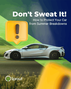 A white sports car driving on a road with green grass and blurred yellow highlights. Large text reads 'Don't Sweat It!' followed by 'How to Protect Your Car from Summer Breakdowns.' A yellow warning icon with an exclamation mark appears above the car. The Sprout logo is in the bottom left corner.