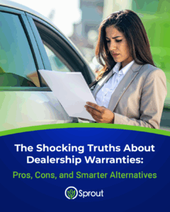 A woman in business attire stands next to a car, reading a document with a serious expression. Below her, a banner reads: 'The Shocking Truths About Dealership Warranties: Pros, Cons, and Smarter Alternatives.' The logo for Sprout, featuring a green leaf design, appears at the bottom.