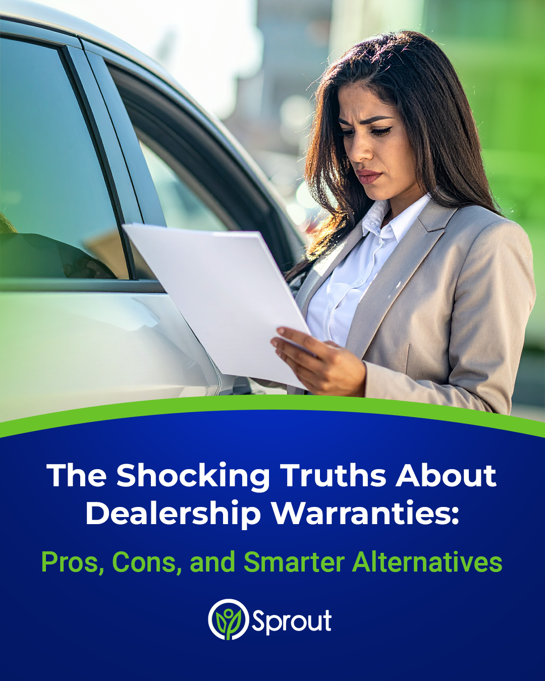 A woman in business attire stands next to a car, reading a document with a serious expression. Below her, a banner reads: 'The Shocking Truths About Dealership Warranties: Pros, Cons, and Smarter Alternatives.' The logo for Sprout, featuring a green leaf design, appears at the bottom.