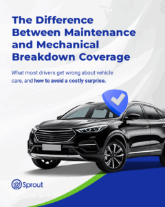 A black SUV and a blue shield icon with a checkmark. Text reads: ‘The Difference Between Maintenance and Mechanical Breakdown Coverage. What most drivers get wrong about vehicle care, and how to avoid a costly surprise.’ The phrase ‘how to avoid a costly surprise’ is highlighted in blue.