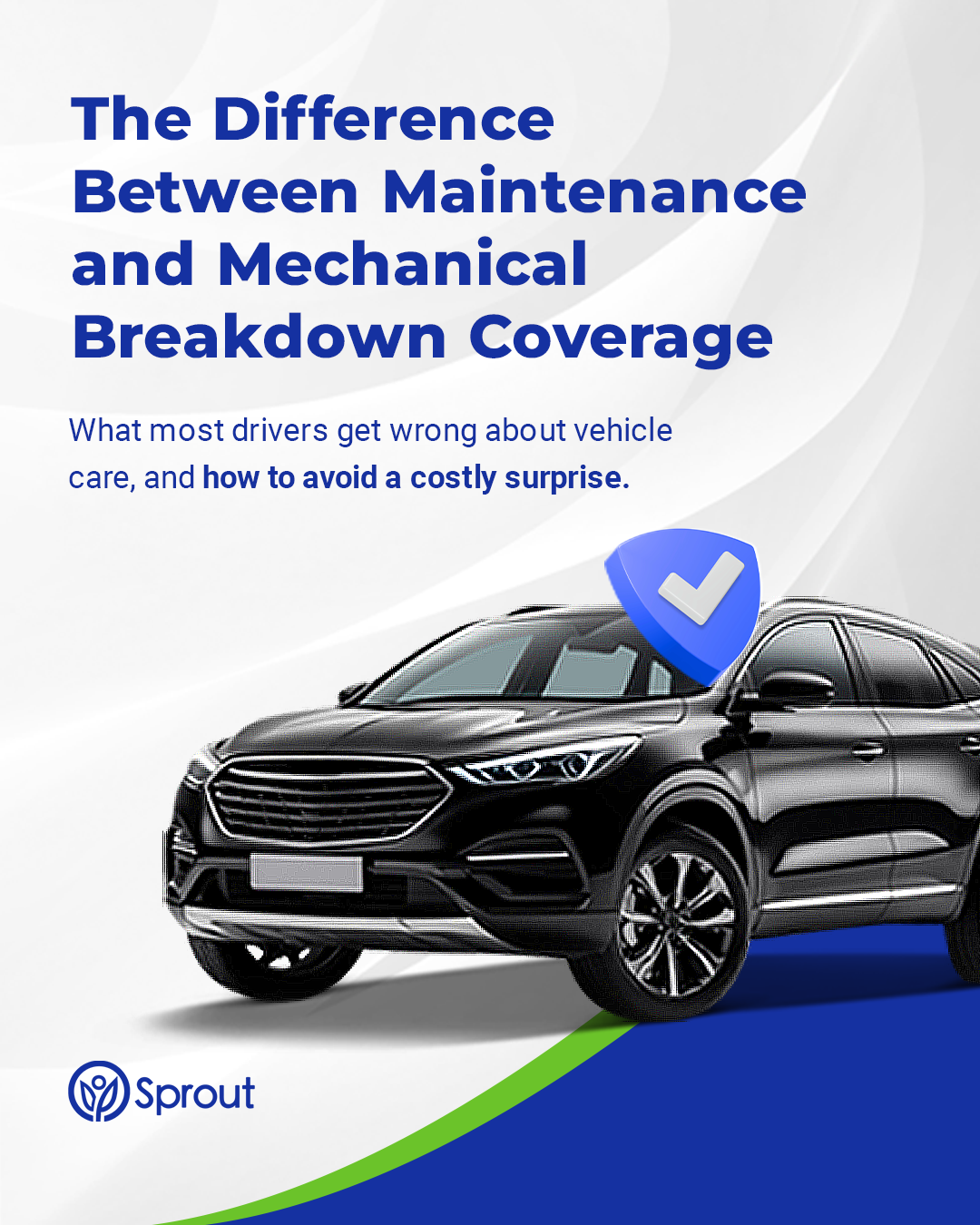 A black SUV and a blue shield icon with a checkmark. Text reads: ‘The Difference Between Maintenance and Mechanical Breakdown Coverage. What most drivers get wrong about vehicle care, and how to avoid a costly surprise.’ The phrase ‘how to avoid a costly surprise’ is highlighted in blue.