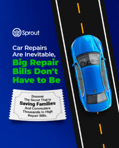 A blue car driving on a road. Text reads: ‘Car Repairs Are Inevitable, Big Repair Bills Don't Have to Be.’ Below, a paper slip says, ‘Discover The Secret That Is Saving Families And Commuters Thousands In High Repair Bills.’