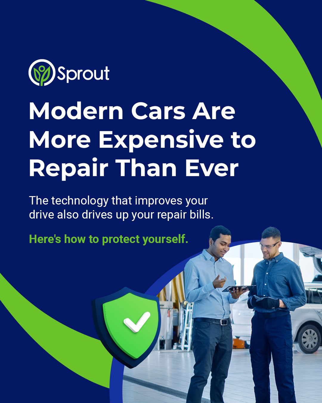Headline: 'Modern Cars Are More Expensive to Repair Than Ever.' Subtext: 'The technology that improves your drive also drives up your repair bills.' A green line follows with: 'Here's how to protect yourself.' Bottom right shows two men in a car repair shop reviewing a tablet. A green shield icon with a white checkmark is featured. Sprout logo is in the top left.