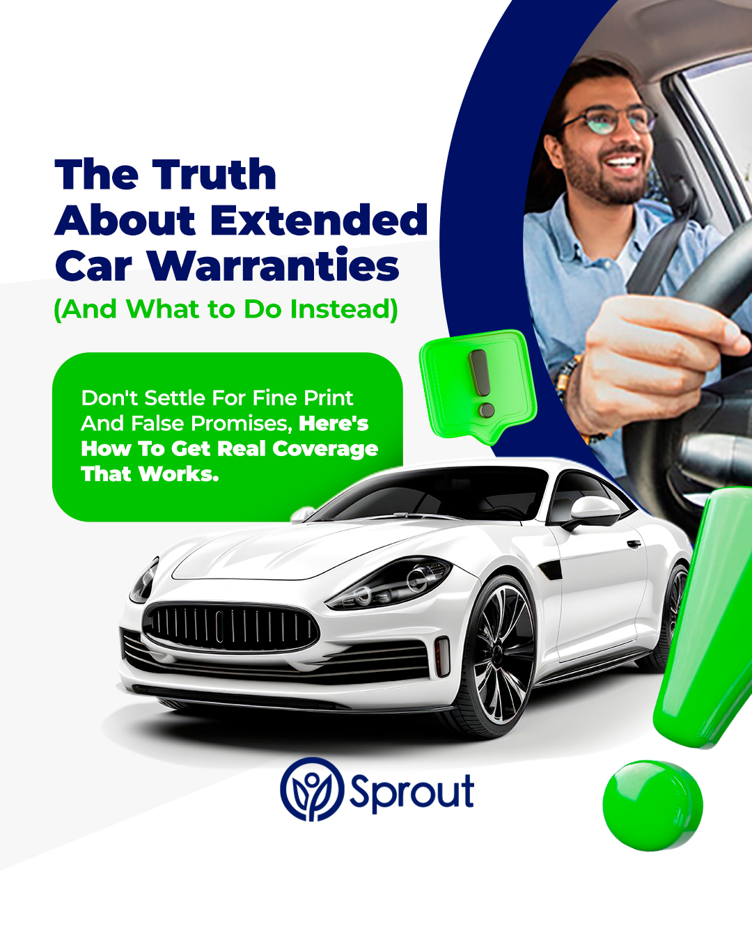 A white sports car and two yellow caution icons are shown, along with a man driving. Text: ‘The Truth About Extended Car Warranties (And What to Do Instead)’ and ‘Don't Settle for Fine Print And False Promises, Here's How To Get Real Coverage That Works.’ The Sprout Assure logo appears at the bottom left.