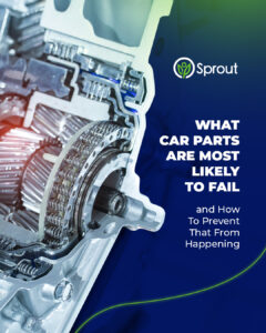 Close-up image of a car transmission system with exposed gears on the left, accompanied by a dark blue background on the right. The Sprout logo is at the top, followed by bold white text: 'what car parts are most likely to fail' and smaller text below: 'and How To Prevent That From Happening.'