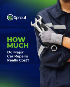 A mechanic in a dark uniform with reflective stripes holds two large wrenches against a blurred background of a car. The left side features the Sprout logo and text: 'How Much Do Major Car Repairs Really Cost?' The words 'How Much' are highlighted in bright green, contrasting with the rest of the white text on a dark blue background.